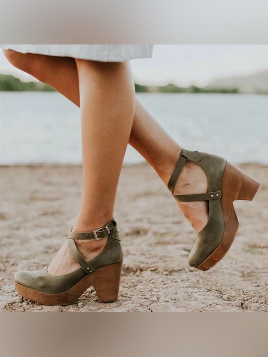 Free People Shoes - Free People Olive Taupe Ankle-Strap Mary Jane Heels